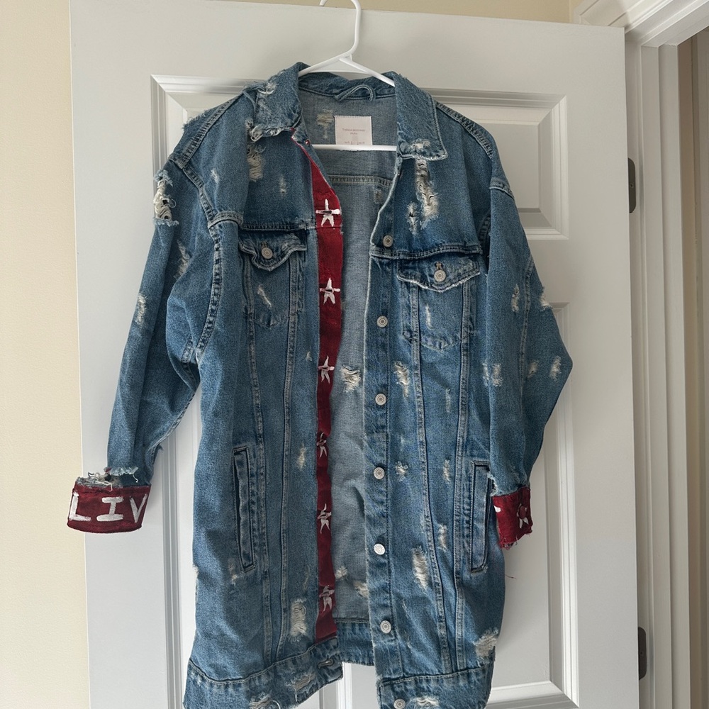 Zara Denim long Jacket with Red Accents small